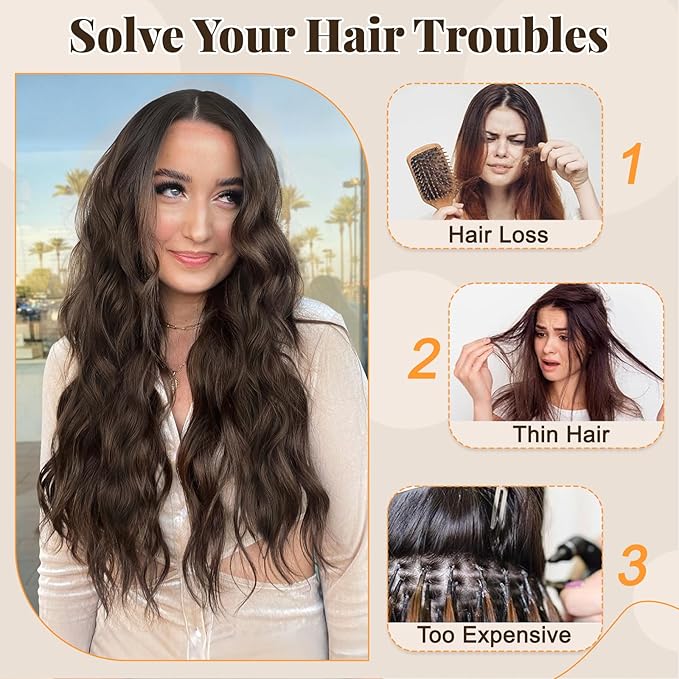 ALXNAN Clip in Long Wavy Synthetic Hair Extension 24 Inch Deep Chocolate Brown with Reddish Brown Highlights 4PCS Thick Hairpieces Fiber Double Weft Hair for Women