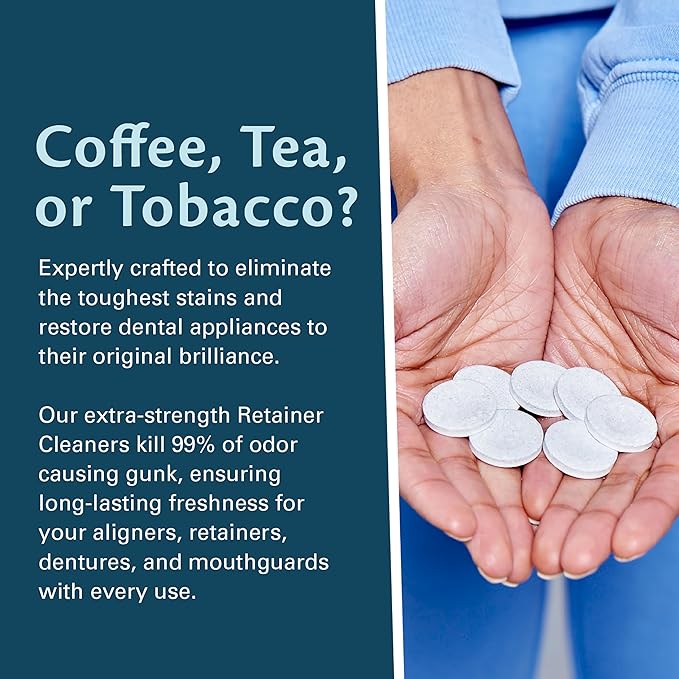 Coffee and Tea Retainer Cleaner Tablets, Removes Odors, Stains, and Plaque, 4-Month Supply, Denture Cleanser for Caffeine Enthusiasts, 120 Tablets by M3