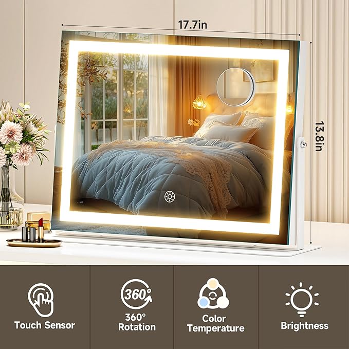 Hasipu 17.7" x13.8” LED Vanity Mirror with Lights - Touch Control Makeup Mirror with 10X Magnification, 3 Color Modes, 360° Rotation & Brightness Adjustment