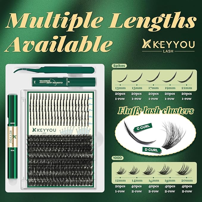 KEYYOU Lash Clusters Kit 280Pcs 100D Long 10-18MIX Lash Spikes Eyelash Clusters Kit Volume Individual Lashes Spiky Lash Extension Kit Cluster Eyelash Extensions Kit(100D&Spikes-D-12-20MIX+13-21MIX)