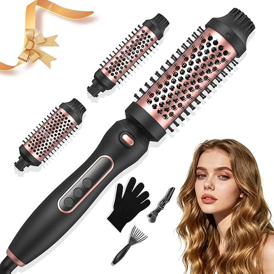 3 in 1 Thermal Brush Set, Heated Round Brush Detachable Head for Blowout Look, Curling Iron Dual Voltage 110-220V for Travel, Ionic Outlet Volumizing Round Comb Lightweight