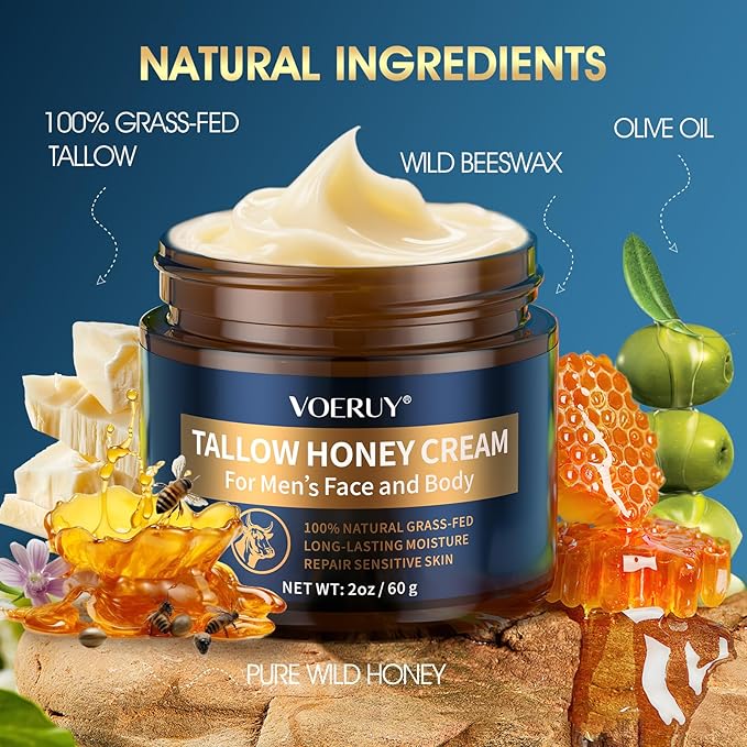 VOERUY Mens Face Moisturizer Cream - Anti Aging & Wrinkle for Men with Tallow Balm & Raw Honey, Natural Grass-Fed Tallow Moisturizer for Face, Facial Skin Care & Eye Lotion - Day & Night, 2oz/60g