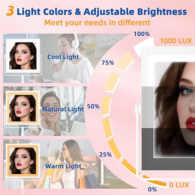 Ruacq Rechargeable Makeup Mirror, 4000mAh Lighted Makeup Mirror with Magnification 1X/10X, Height Adjustable Vanity Mirror with Lights, 3 Color Lights, Adjustable Brightness, 360°Rotation (White)