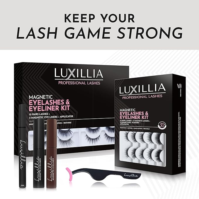 Luxillia Magnetic Eyelashes Kit – 8 Piece (Clear & Black) Magnetic Eyelash & Eyeliner Set with Applicator – Natural Look Easy Apply Reusable Fake Extension Lashes, No Glue Magnéticas Naturales