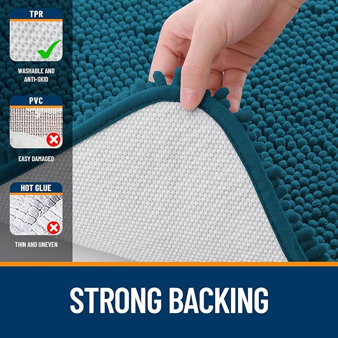 OLANLY Bathroom Rugs 47x20, Extra Soft Absorbent Chenille Bath Rugs, Rubber Backing Quick Dry, Machine Washable Bath Mats for Bathroom Floor, Tub and Shower, Home Decor Accessories, Peacock Blue