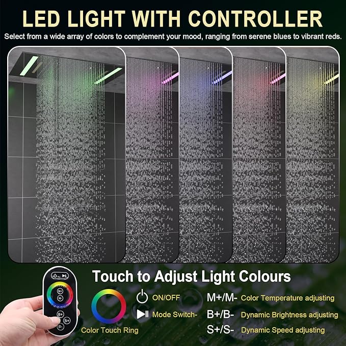 HOMEDEC Luxury 14x20inch LED 3 Functions Rain Shower Head, High-Pressure Rainfall Spray Waterfall Shower Water Filter 3 In 1 Overhead Combo Set, Chrome