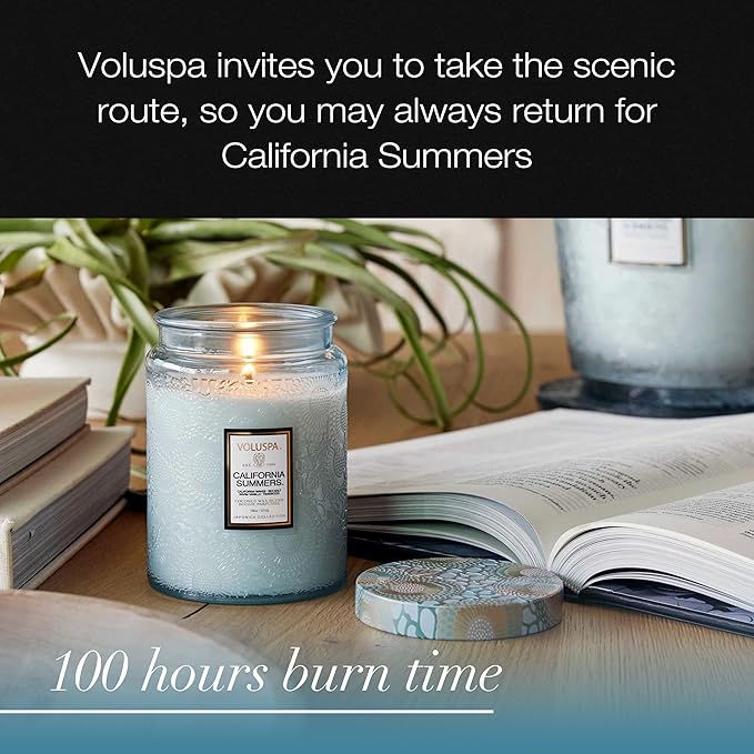 Voluspa California SummerS Candle Jar, 18 oz, Coconut Wax Blend, Large Scented Candles for Home, 100 Hour Burn Time, Poured in the USA