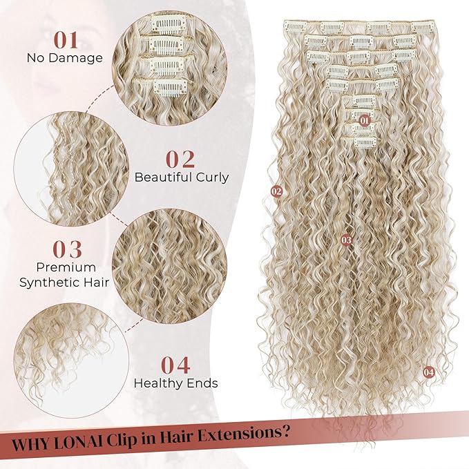 LONAI Hair Extension,9PCS Brown 22" Curly Clip in Hair Extensions LN002 Long Soft Thick Synthetic Hairpieces for Women-Blonde with White Blonde Highlights
