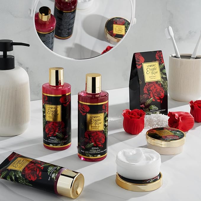 Valentines Day Gifts for Her - Exotic Rose Valentine Gift Basket for Women, Spa Bath and Body Gift Set, Anniversary Gifts for Women, Mom Birthday Gift with Body Scrub, Bubble Bath, Lotion & M