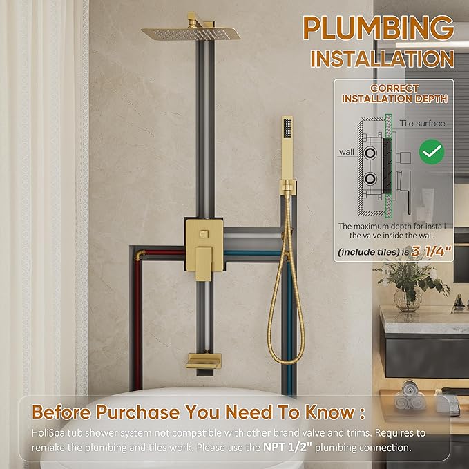 HoliSpa Gold Tub Shower System, All Metal Tub Shower Faucet Set with 12" Rain Shower Head and Handheld Spray combo, Wall Mounted Shower Systems with Tub Spout, Valve and Trim Kit, Brushed Gold