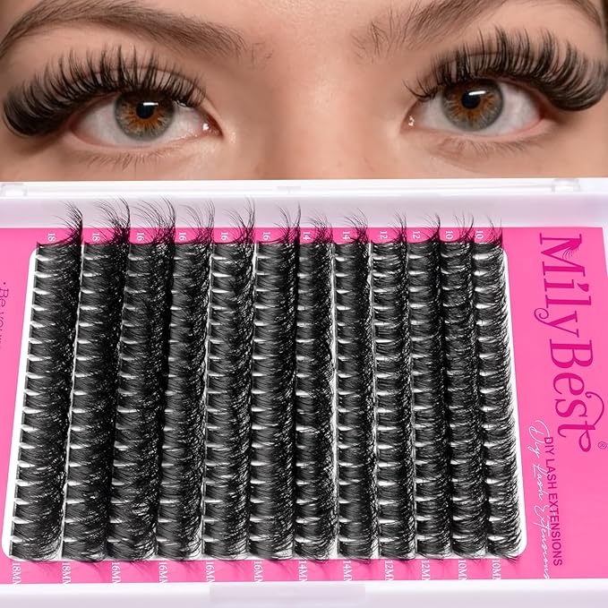 MilyBest Lash Clusters Kit 80D Fluff Cluster Eyelash Extensions 10-18mm Individual Lashes Clusters D Curl Lash Extension Kit, Waterproof Thick Volume Eyelash Clusters with Bond & Seal, Tweezers
