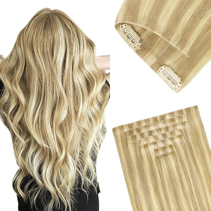 GOO GOO Invisi Edge Clip in Hair Extensions, 16inch 120g 7Pcs, Injected Seamless PU Clip in Hair Extensions, Virgin Real Human Hair, #18D/22F Dirty Blonde Highlights