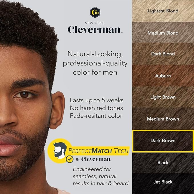 Reusable Hair & Beard Dye for Black Men – Dark Brown | Up to 5 Uses, 7 Minutes | Natural Gray Coverage, No-Drip Cream with SkinArmour® – Cleverman