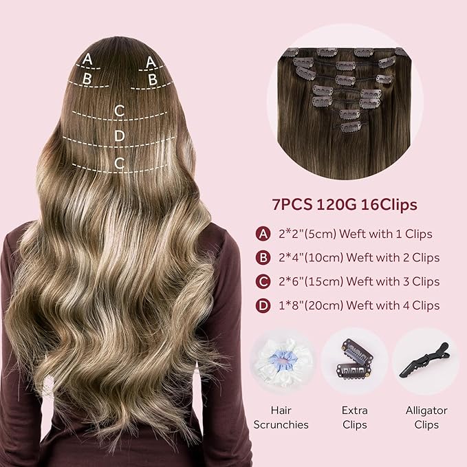 Clip in Hair Extensions Real Human Hair, Silky Straight Remy Hair Extensions for Women, Balayage Walnut Brown to Ash Brown and Bleach Blonde #3TP8/613 20Inch 120G 7PCS