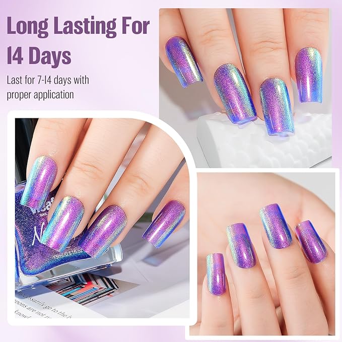 Glitter Nail Polish Blue Purple 15ml, Quick Drying Nail Polish Shimmer Glossy Regular Long-Lasting Air Dry Oil-Base Aurora Nail Art DIY for Ladies