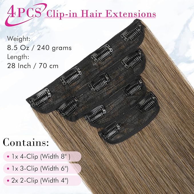 REECHO 28" Straight Long 4 PCS Set Thick Clip in on Hair Extensions - Light Ash Brown