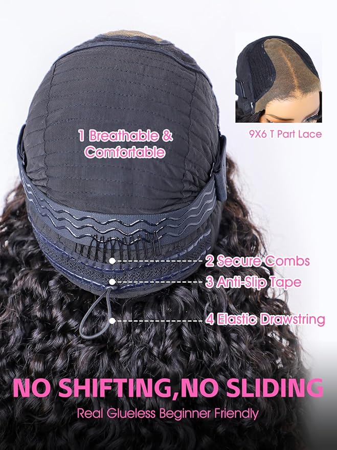 ORIGINAL QUEEN Burmese Curly Wear and Go Glueless Wig Human Hair Curly Texture with Finger Coil Ends Upgrade 9X6 T Part Pre Cut Lace Flip Over Beginner Friendly with Drawstring 180% Density 24 Inch