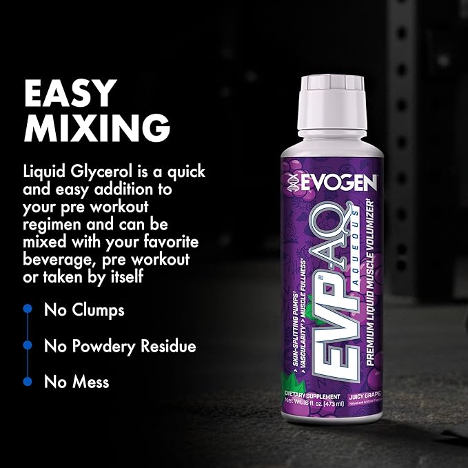 Evogen EVP AQ - Liquid Glycerol Muscle Volumizer | Pre Workout for Pumps, Vascularity, & Hydration | Premium Preworkout for Men & Women | Juicy Grape | 16 fl oz