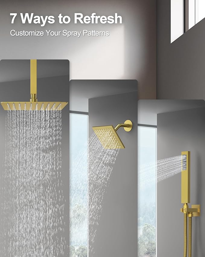 GRANDJOY Thermostatic Shower System, Dual Rainfall Shower Heads for Ceilling & Wall Mounted with Handheld Sprayer, Brushed Gold