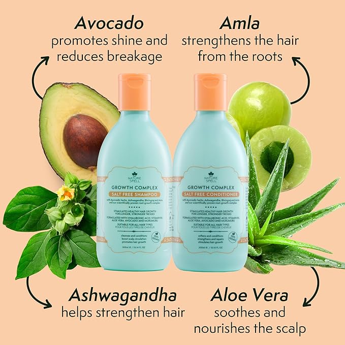 Nature Spell Hair Growth Complex Shampoo & Conditioner Set for All Hair Types, Sulfate & Paraben Free, Nourishing & Strengthening with Hyaluronic Acid & Vitamin B5, Vegan, Pack of 2, 10.14 fl oz Each