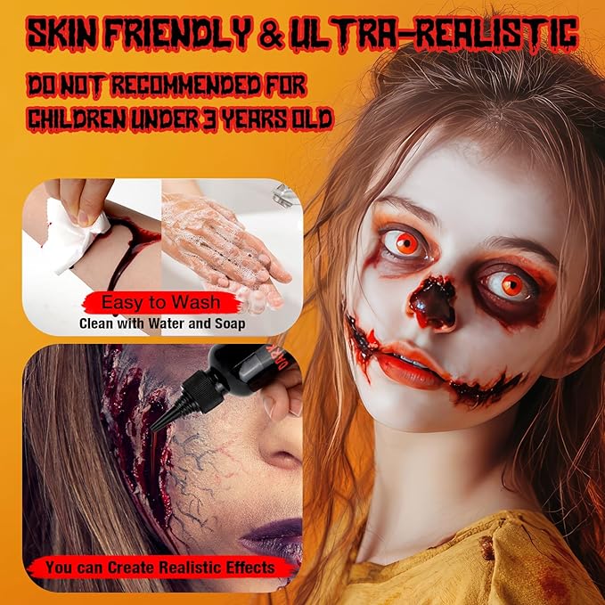 3PCS Halloween Fake Blood Kit, 2.03oz Fake Blood Spray and 2.03oz Dripping Blood and 1.06oz Coagulated Gel Blood, Realistic Washable Fake Blood Makeup for Zombie Vampire Monster Cosplay & Dress Up