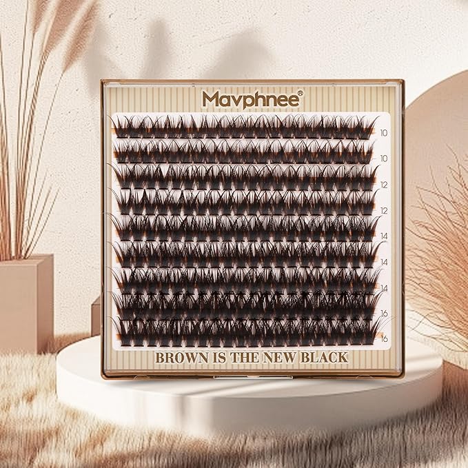 Mavphnee Brown Lash Clusters Wispy Natural Eyelash Extensions Dark Brown Individual Lashes 10-16MM CC-Curly Cluster Lashes Extensions 180Pcs Hybrid Eyelash Clusters DIY Lash Pack