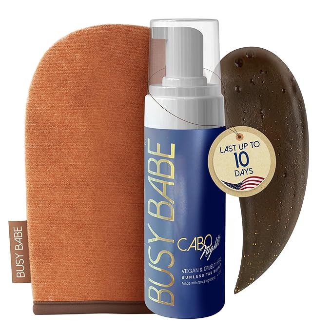 Busy Babe Self Tanner - Cabo Nights Express Rapid Dark Tanning Mousse - Deeper Sun-Kissed Glow with Mitt - Vegan, Cruelty-Free, Instant Tan, Self Tanning Mousse Pump - Express, Violet based- 7.2 oz