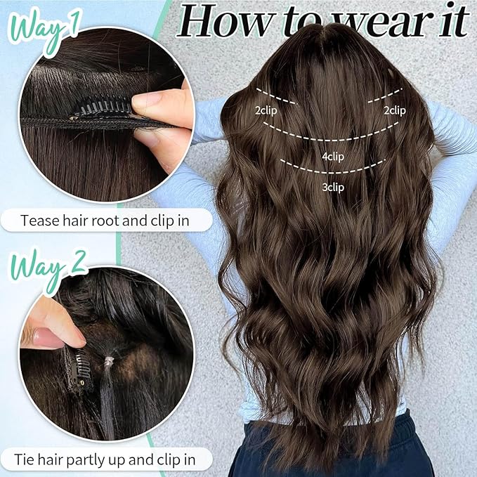 KooKaStyle Hair Extensions Long Wavy 4PCS Thick clip in hair extensions Hairpieces Chocolate Brown Fiber Double Weft Natural Synthetic Hair Extensions 20 Inch for Women
