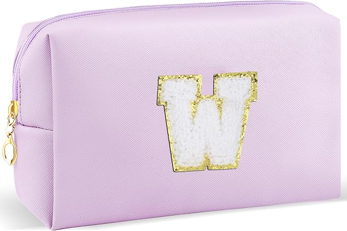 URSKYTOUS Gifts for Girls Initial Makeup Bag Personalized Cosmetic Bag with Zipper Cute Travel Toiletry Bag Waterproof PU Preppy Makeup Pouch Birthday Gift for Teen Girls Women(Purple W)