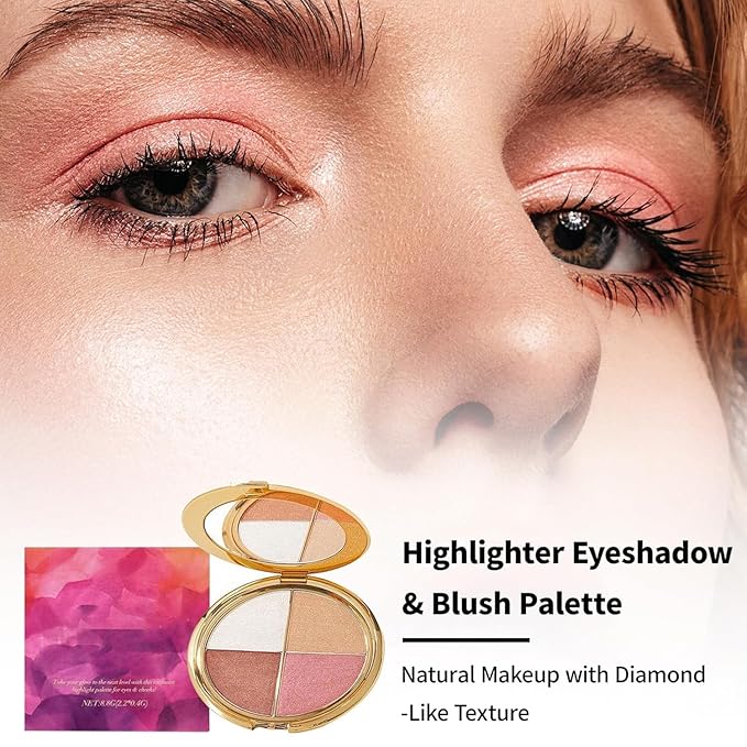 Eye & Cheek Palette - Eyeshadow and Highlighter Makeup, 4-In-1 Face Highlighter Palette for Women, Multi-Purpose Contour Blush and Glow with Mica and Silica, Long-Lasting Silky Texture Makeup Kit
