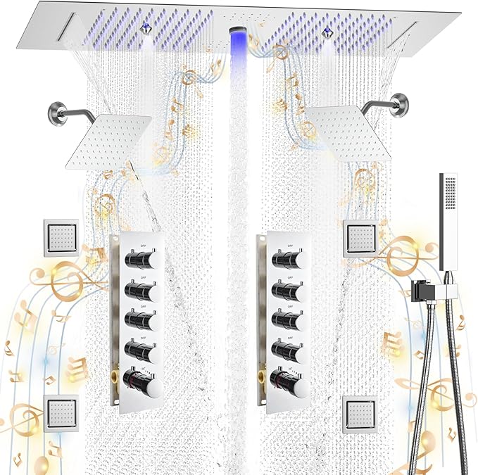 KATAIS Shower System with 12X35 inch Overshower and Dual Side ShowerHead(8 inch), 4 PCS Body Jet and HandHeld Spray, Dual Thermostatic Valve Kit Can Achieve 8 Shower Functions, Chrome