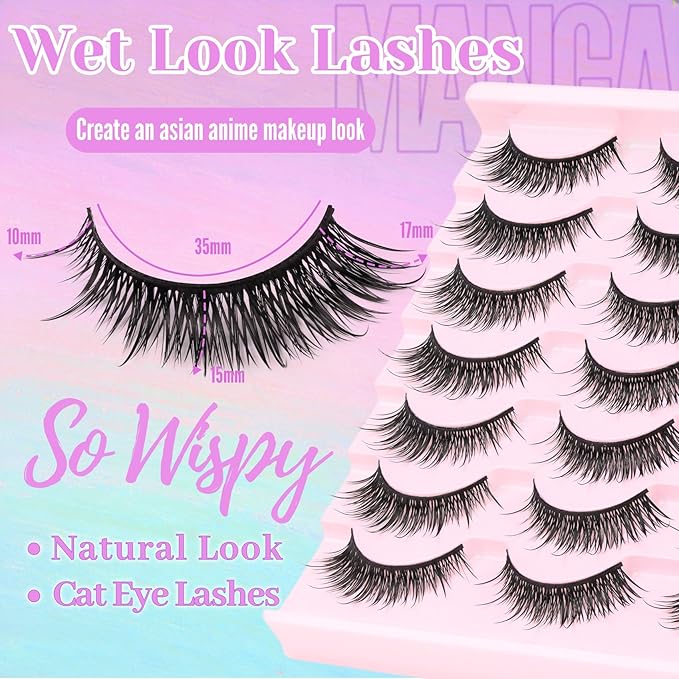 Losha Lashes Wispy False Eyelashes 14 Pairs Spiky Manga Lashes Natural Anime Fake Eyelashes Soft Asian Lashes Strips (Vivid)