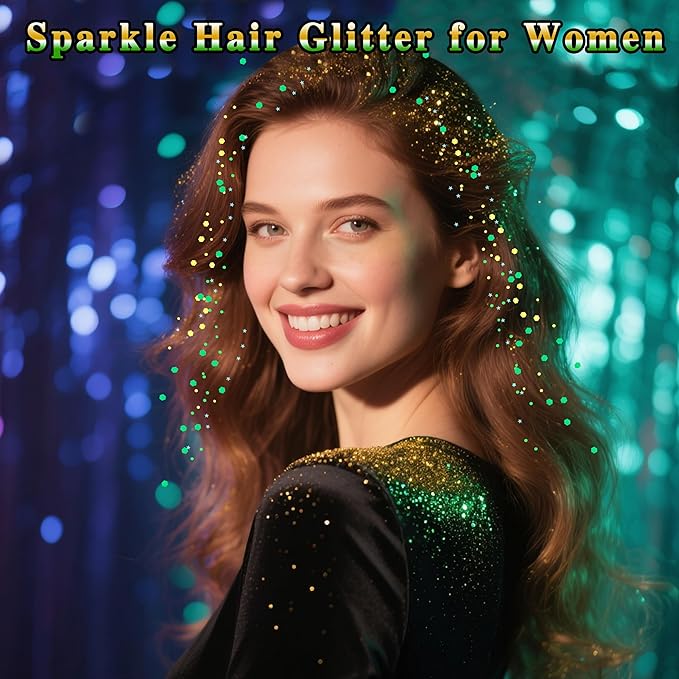 MEICOLY Gold and Green Face Glitter,Holographic Gold Hair Accessories,Sparkle Self-Adhesive Halloween Body Glitter Makeup for Mardi Gras Carnival Festival Party,St Patricks Day Accessories