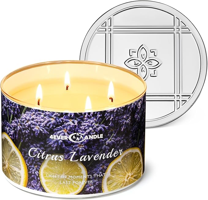 4EVER Scented Candles | 4-Wick 18oz Soy Wax Candle | Up to 50Hrs Clean Burn | Aromatherapy Candles for Home Scented | Gifts for Women & Mom, Citrus Lavender
