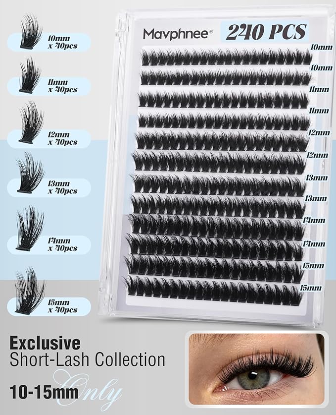 Hybrid Lash Clusters Fluffy Individual Lashes 10-15MM Natural Cluster Eyelash Extensions D Curve Wispy Cluster Lashes Reusable Soft Faux Mink Eyelash Clusters 240Pcs