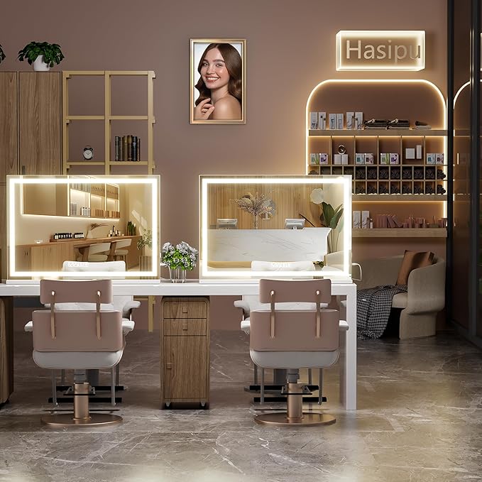 Hasipu Vanity Mirror with Lights and Bluetooth Speaker, 47" x 29.5" LED Makeup Mirror, Lighted Makeup Mirror with Dimmable 3 Modes, Touch Screen Control Vanity Mirror Square White