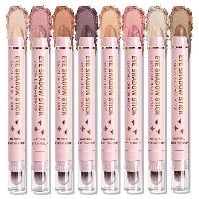 8 Colors Cream Eyeshadow Stick Set, Eye Shadow Brightener Stick Shimmer and Matte Finishes, Long-Lasting, Waterproof, Crease-Proof, Crayon Eye Shadow Pencil Highlighter Makeup