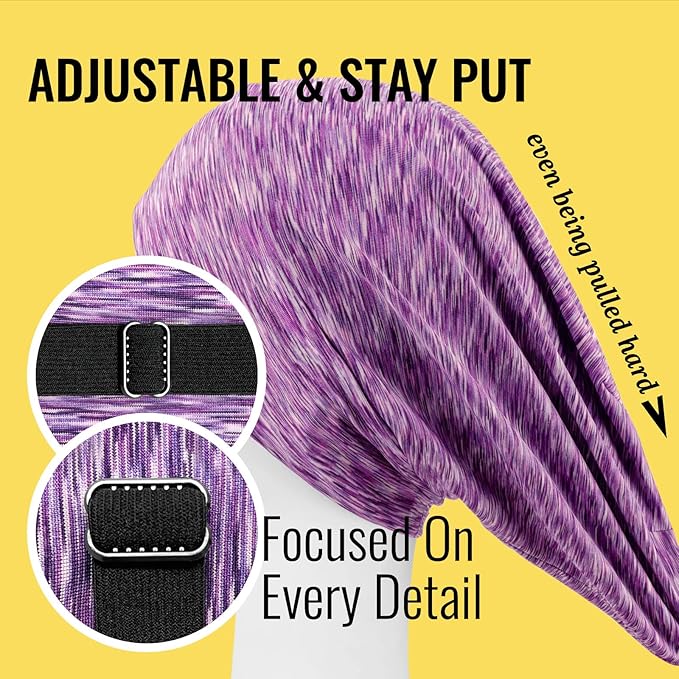 Satin Lined Sleep Cap Bonnet for Curly Hair and Braids, Stay On All Night Hair Wrap with Adjustable Strap for Women and Men, Black and Purple, Pack of 2