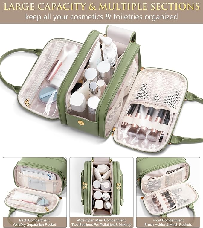 Bagstellar Travel Makeup Bag, Large Capacity Quilted Toiletry Bag for Women, Wide-open Cosmetic Bag Make Up Case Organizer Portable Pouch w/Handle & Brush Holder for Traveling Accessories, Sage Green