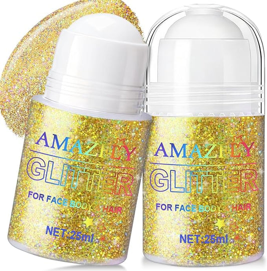 1PC Roll-on Holographic Body Glitter Gel for Body, Hair, Face, Chameleon Color Changing Glitter Gel Under Light, Chunky Mermaid Sequins Festival Party Rave Accessories Shimmer Makeup (Gold)