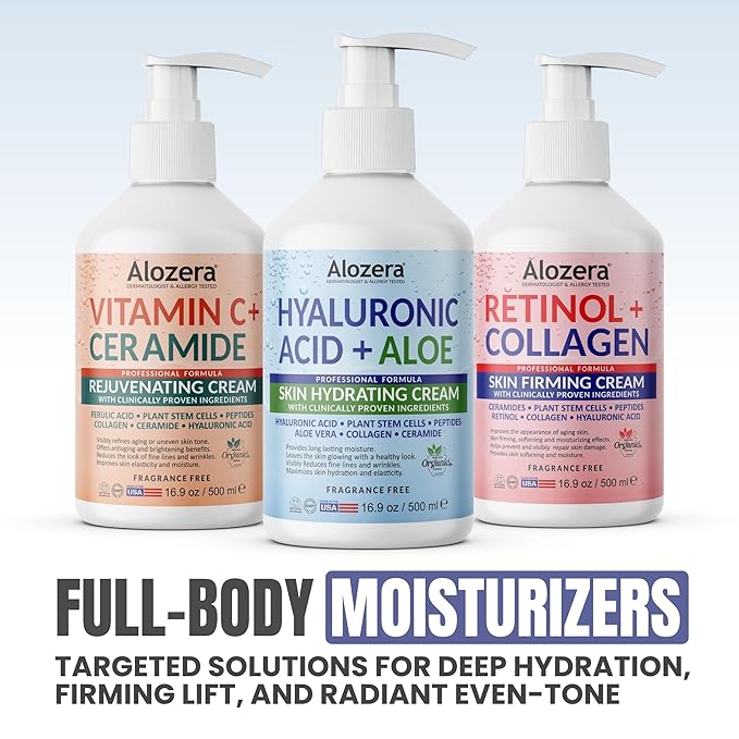 Alozera Hyaluronic Acid Body Lotion with Aloe & Stem Cells, Daily Moisturizing Lotion for Dry, Sensitive Skin Hydration, Non-Greasy, Lightweight Moisturizer, Fragrance-Free, 16.9 oz 2-Pack