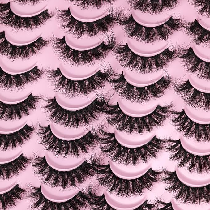 Mink Lashes Fluffy Faux Mink Eyelashes Wispy 20mm Long D-Curl Lashes Russian Cat Eye Strip Lashes Extensions Eyelashes Pack 20 Pairs