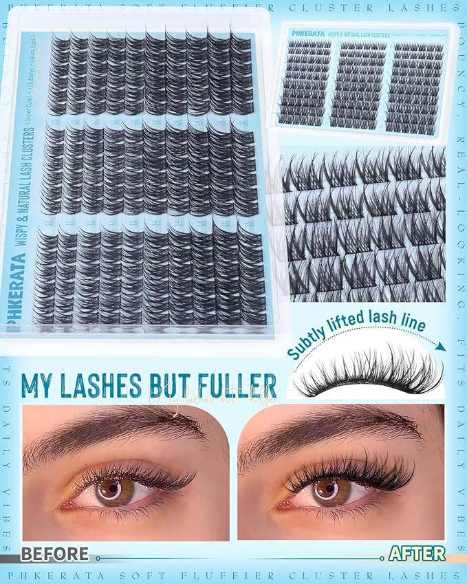 Wispy Lash Clusters Naural Eyelash Clusters Extensions C Curly Individual Lashes Clusters DIY Eyelash Extension with Wide Soft Thin Band,10-16MM,180Pcs