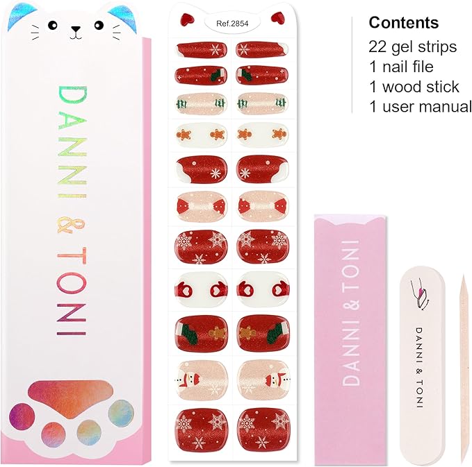 DANNI & TONI Kids Gel Nail Strips Christmas Tree Snowman Snowflake Red Cat Eye Salon-Quality Peel & Stick Manicure for Children (Age 6+)– Safe, Long-Lasting, Easy to Apply | Jingle & Glow