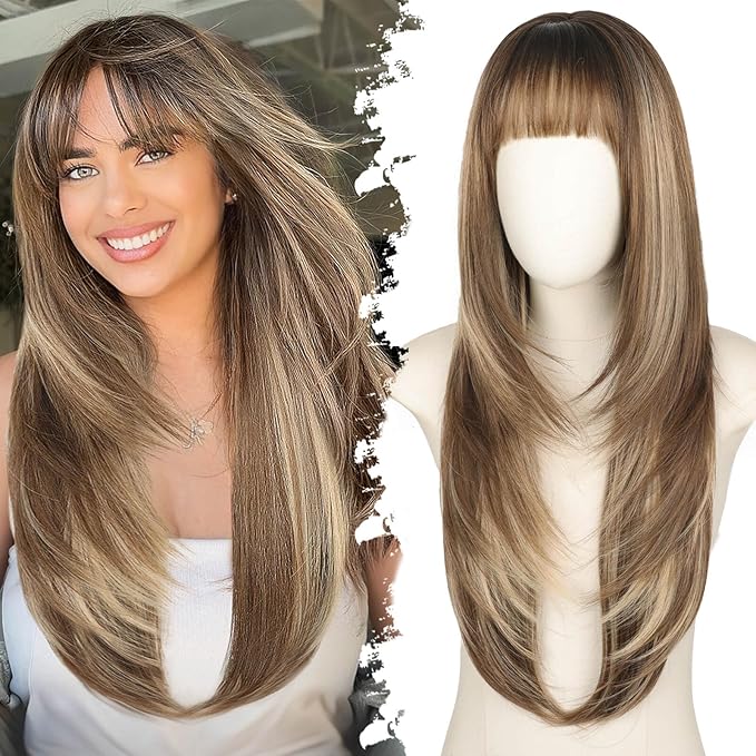 Long Ombre Light Brown With Blonde Wig with Bangs for Women,4x4 Realistic Scalp,Free Parting,Layered Hairstyle Synthetic Heat Resistant for Daily Party Use 26 inch