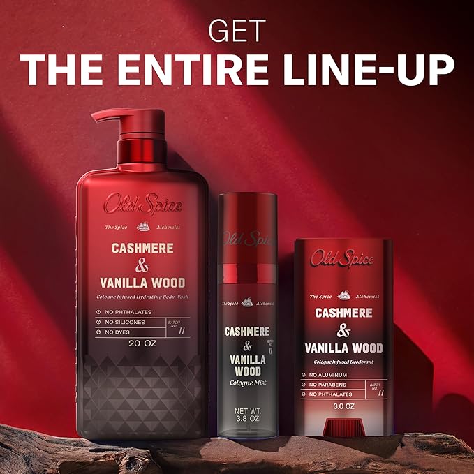 Old Spice Aluminum Free Deodorant for Men, The Spice Alchemist Collection, 24/7 Cologne Infused Scent, No Trade Off Formula, Free of Parabens & Phthalates, Cashmere + Vanilla Wood Scent, 3.0 oz