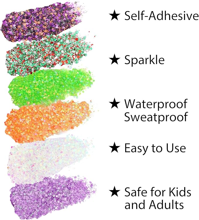 Mysense Halloween Body Glitter Stick, Black Purple and Orange Face Hair Glitter for Kids Women, Festival Rave Pride Accessories, Sparkling Chunky Glitter Makeup, 0.56oz