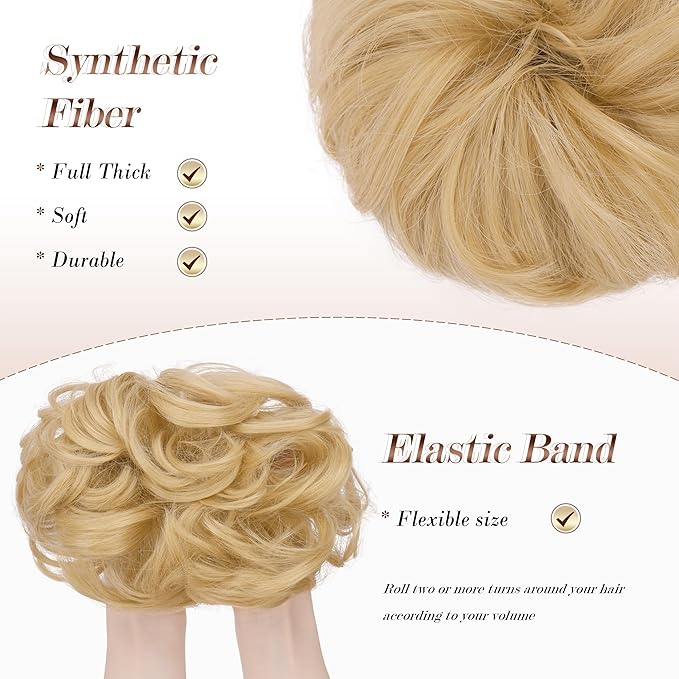 FESHFEN Messy Bun Hair Piece - Wavy Synthetic Chignon Scrunchies for Instant Volume, Elastic Bun Ponytail Hair Extensions Thick Hairpieces for Women, Champagne Blonde 1.50 oz