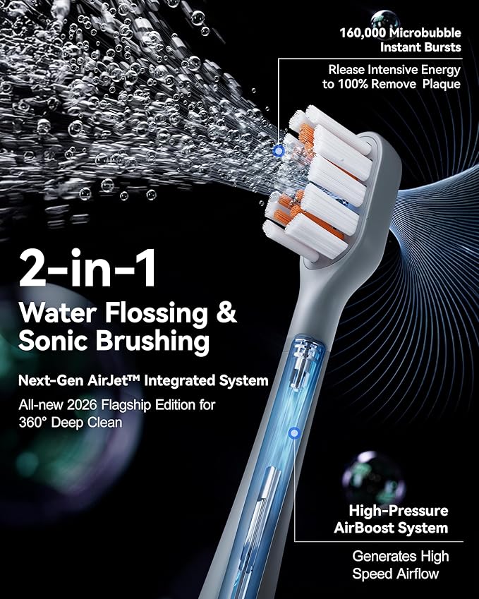 RANVOO AirJet [AI Max Jet Clean] [Flossing & Sonic Brushing 2-in-1] Electric Toothbrush for Adults, 100% Plaque Removal, Whitening, 60-Day Battery, Soft & Gum Friendly for Sensitive Teeth/Braces White