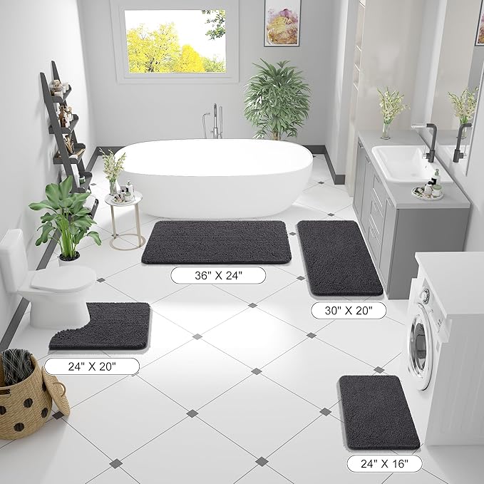 OLANLY Bathroom Rugs 47x17, Extra Soft Absorbent Chenille Bath Rugs, Rubber Backing Quick Dry, Machine Washable Bath Mats for Bathroom Floor, Tub and Shower, Home Decor Accessories, Dark Grey